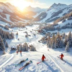 Luchtfoto van besneeuwde Oostenrijkse Alpen rond Lofer met skipistes, ski-uitrusting op verse poedersneeuw bij zonsondergang