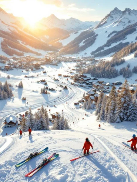Luchtfoto van besneeuwde Oostenrijkse Alpen rond Lofer met skipistes, ski-uitrusting op verse poedersneeuw bij zonsondergang