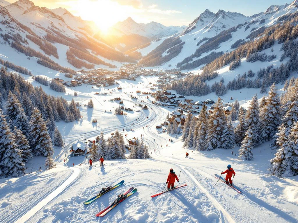 Luchtfoto van besneeuwde Oostenrijkse Alpen rond Lofer met skipistes, ski-uitrusting op verse poedersneeuw bij zonsondergang