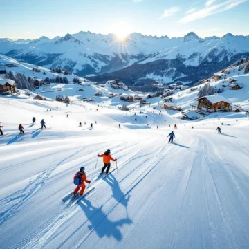 Luchtfoto van Plagne Bellecôte skigebied met instructeurs in oranje jassen die lessen geven op besneeuwde pistes