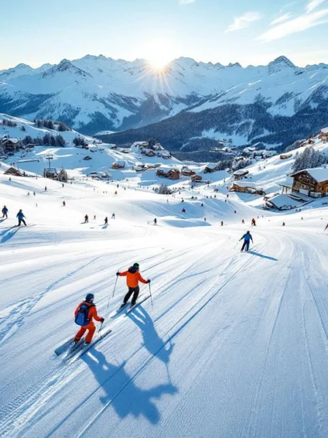 Luchtfoto van Plagne Bellecôte skigebied met instructeurs in oranje jassen die lessen geven op besneeuwde pistes