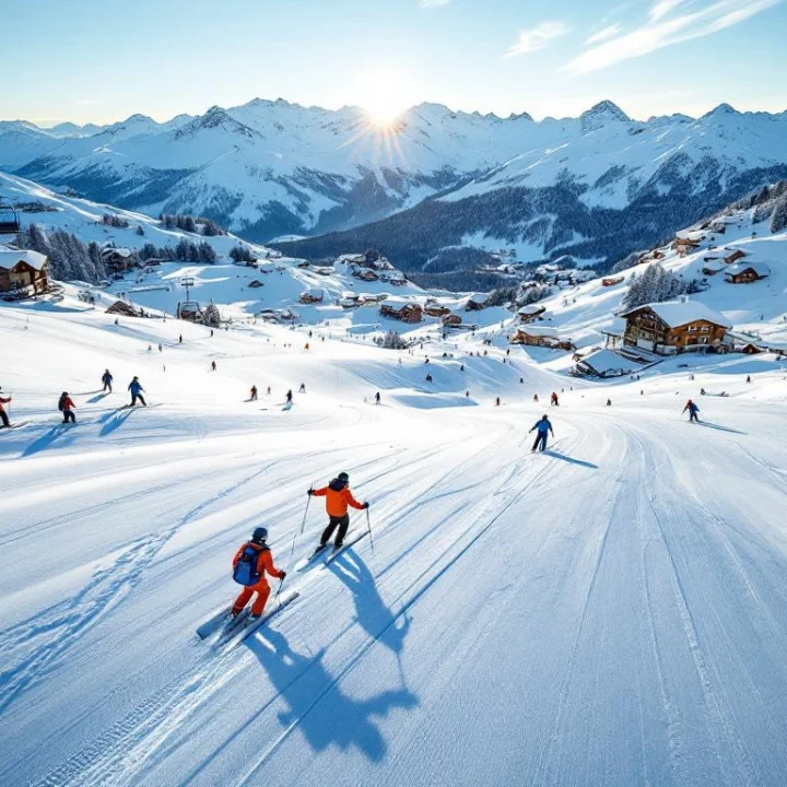 Luchtfoto van Plagne Bellecôte skigebied met instructeurs in oranje jassen die lessen geven op besneeuwde pistes