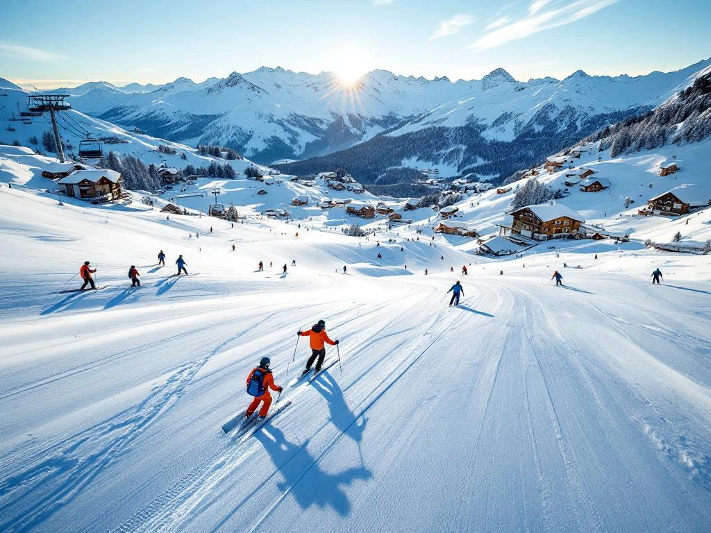 Luchtfoto van Plagne Bellecôte skigebied met instructeurs in oranje jassen die lessen geven op besneeuwde pistes