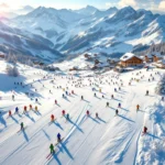 Luchtfoto van Villaroger skipistes met skiërs in kleurrijke kleding, chalets en besneeuwde Alpentoppen in ochtendlicht