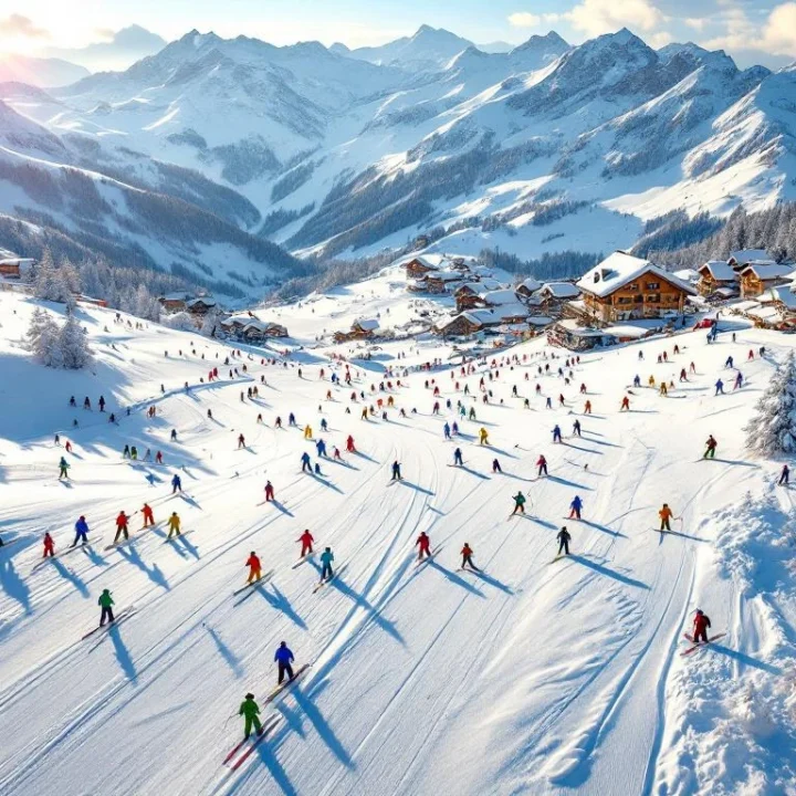Luchtfoto van Villaroger skipistes met skiërs in kleurrijke kleding, chalets en besneeuwde Alpentoppen in ochtendlicht