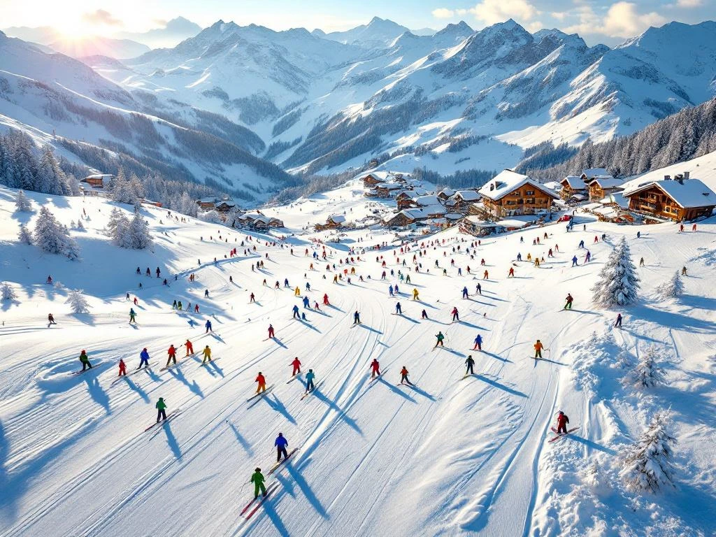 Luchtfoto van Villaroger skipistes met skiërs in kleurrijke kleding, chalets en besneeuwde Alpentoppen in ochtendlicht