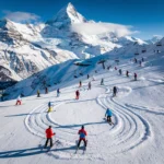 Ski instructors in colorful jackets teaching students on Chamonix's snowy slopes with Mont Blanc mountain range backdrop