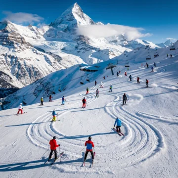 Ski instructors in colorful jackets teaching students on Chamonix's snowy slopes with Mont Blanc mountain range backdrop