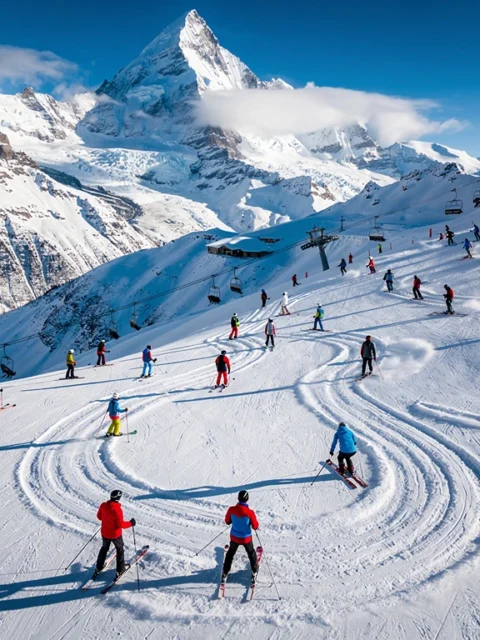 Ski instructors in colorful jackets teaching students on Chamonix's snowy slopes with Mont Blanc mountain range backdrop