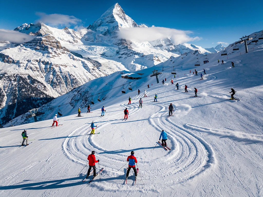 Ski instructors in colorful jackets teaching students on Chamonix's snowy slopes with Mont Blanc mountain range backdrop