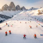 Aerial view of ski instructors in bright jackets teaching groups on snowy Alpine slopes in Kappl, Austria during golden hour.