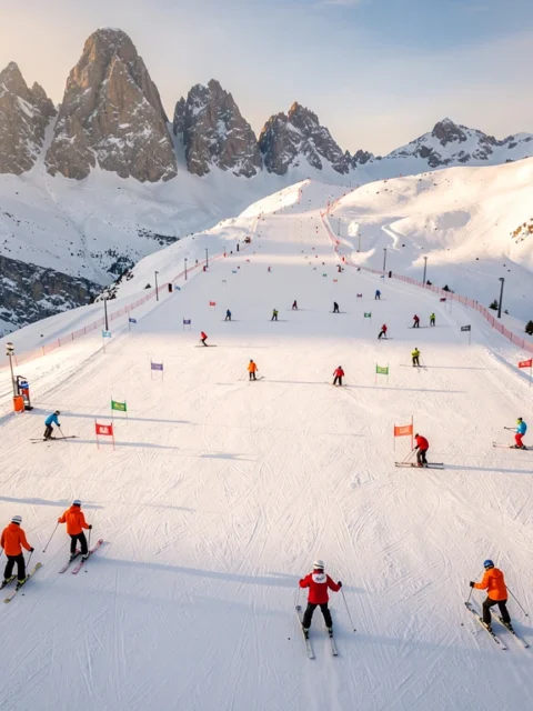 Aerial view of ski instructors in bright jackets teaching groups on snowy Alpine slopes in Kappl, Austria during golden hour.
