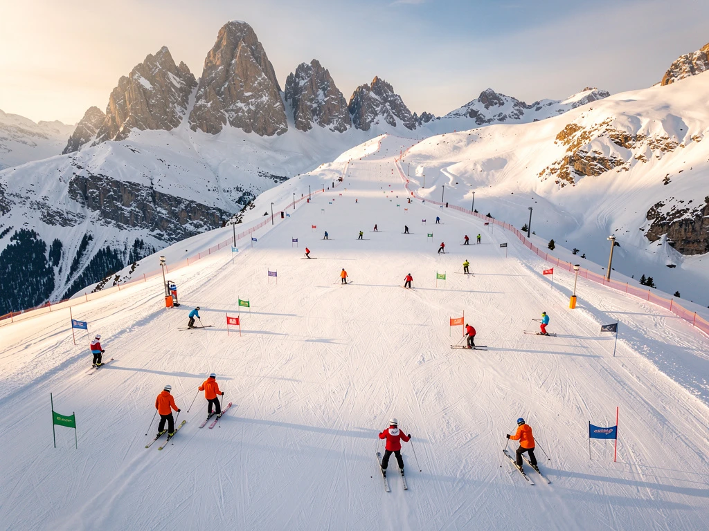 Aerial view of ski instructors in bright jackets teaching groups on snowy Alpine slopes in Kappl, Austria during golden hour.