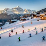 Ski lesson groups on groomed Alpine slopes in Kirchberg with instructors, snow-capped peaks, and traditional Austrian chalets