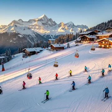 Ski lesson groups on groomed Alpine slopes in Kirchberg with instructors, snow-capped peaks, and traditional Austrian chalets