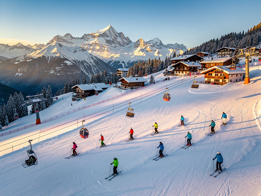 Ski lesson groups on groomed Alpine slopes in Kirchberg with instructors, snow-capped peaks, and traditional Austrian chalets