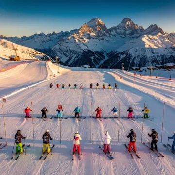 Aerial view of ski instructors teaching groups on groomed slopes at Königsleiten, Austria with Alpine mountain backdrop