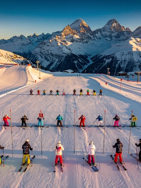 Aerial view of ski instructors teaching groups on groomed slopes at Königsleiten, Austria with Alpine mountain backdrop