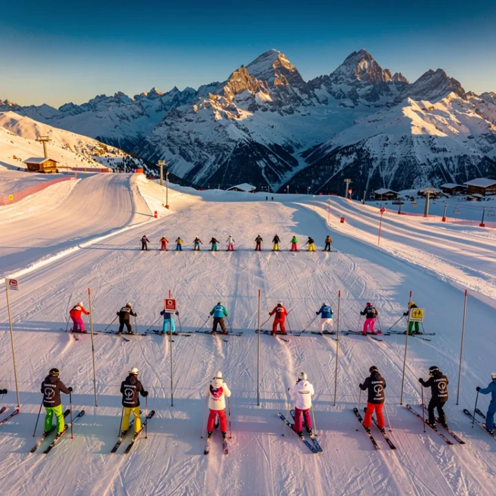 Aerial view of ski instructors teaching groups on groomed slopes at Königsleiten, Austria with Alpine mountain backdrop