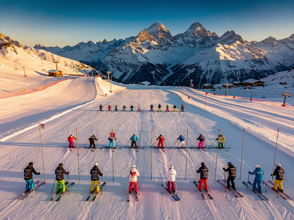 Aerial view of ski instructors teaching groups on groomed slopes at Königsleiten, Austria with Alpine mountain backdrop
