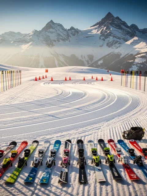 Ski lesson area at La Rosière with groomed powder snow, colorful poles, safety cones, and mountain peaks under blue sky