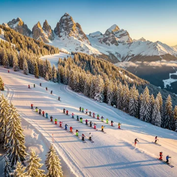 Ski instructors teaching students on groomed slopes at Lech am Arlberg resort during golden hour in Austrian Alps