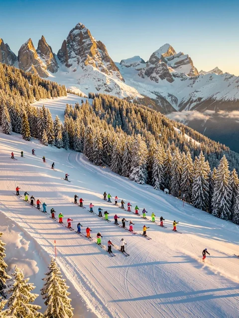 Ski instructors teaching students on groomed slopes at Lech am Arlberg resort during golden hour in Austrian Alps
