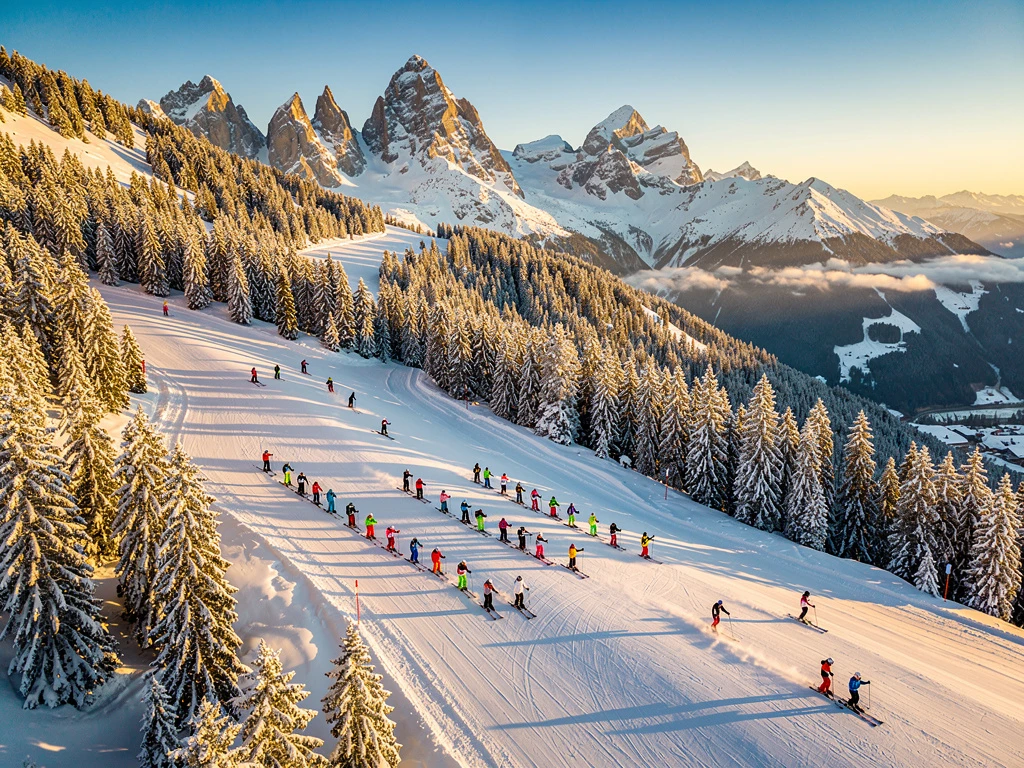 Ski instructors teaching students on groomed slopes at Lech am Arlberg resort during golden hour in Austrian Alps