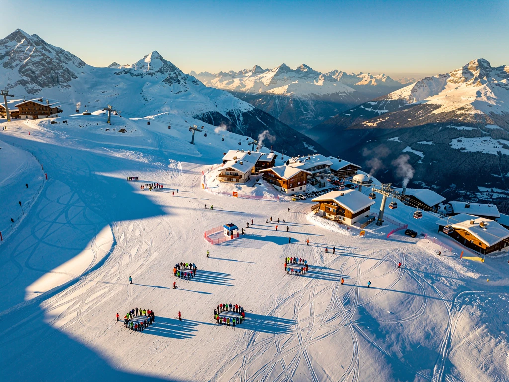 Aerial view of Les Carroz d'Arâches ski resort showing snow-covered Alpine slopes with ski groups and chalets in morning light