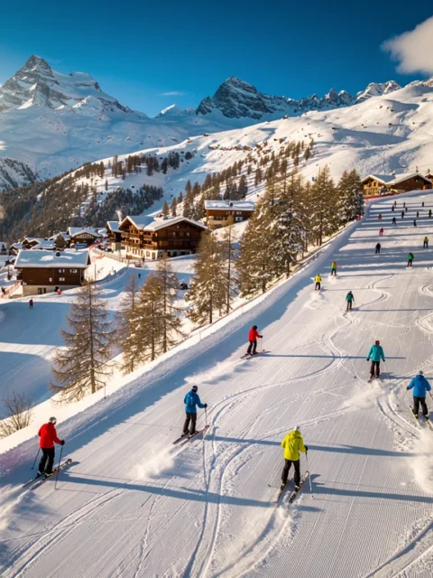 Aerial view of Méribel ski slopes with instructors in bright jackets leading student groups down groomed powder runs in golden sunlight