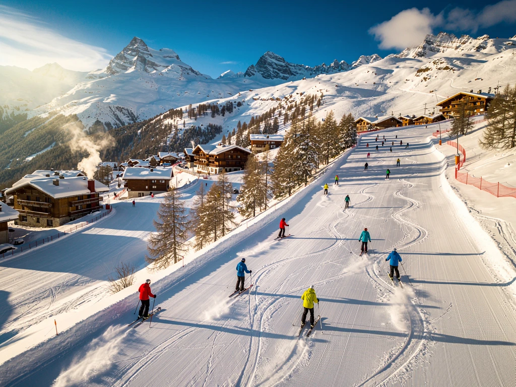 Aerial view of Méribel ski slopes with instructors in bright jackets leading student groups down groomed powder runs in golden sunlight