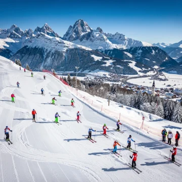 Aerial view of skiers on groomed slopes in Neustift im Stubaital with Stubai Alps and Austrian village below