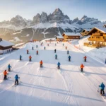 Aerial view of Reith bei Kitzbühel ski slopes with instructors leading groups down groomed trails, Kitzbüheler Horn in background