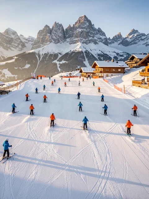 Aerial view of Reith bei Kitzbühel ski slopes with instructors leading groups down groomed trails, Kitzbüheler Horn in background