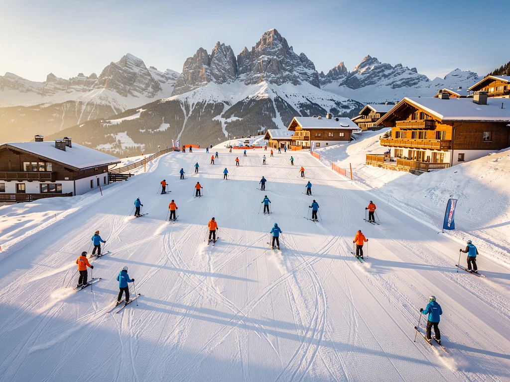 Aerial view of Reith bei Kitzbühel ski slopes with instructors leading groups down groomed trails, Kitzbüheler Horn in background