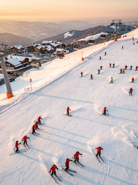 Aerial view of Super Besse ski resort slopes with skiers and red-jacketed instructors during golden hour sunset.