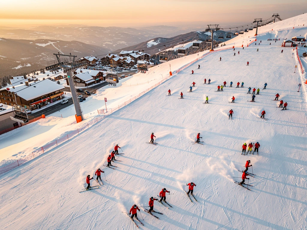 Aerial view of Super Besse ski resort slopes with skiers and red-jacketed instructors during golden hour sunset.