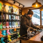 Ski rental shop interior with snowboards on wall displays, colorful boots on shelves, and employee adjusting bindings