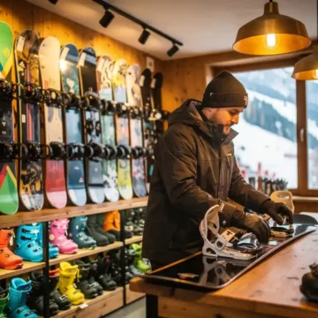 Ski rental shop interior with snowboards on wall displays, colorful boots on shelves, and employee adjusting bindings