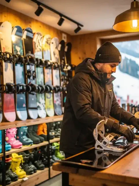 Ski rental shop interior with snowboards on wall displays, colorful boots on shelves, and employee adjusting bindings