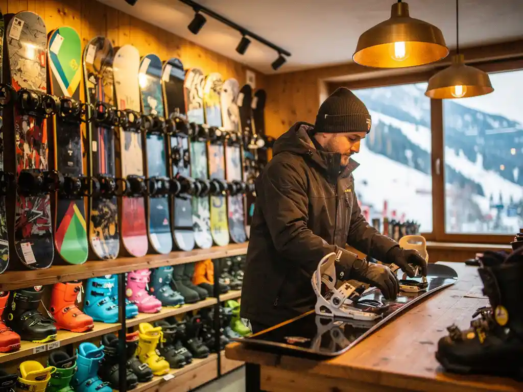 Ski rental shop interior with snowboards on wall displays, colorful boots on shelves, and employee adjusting bindings