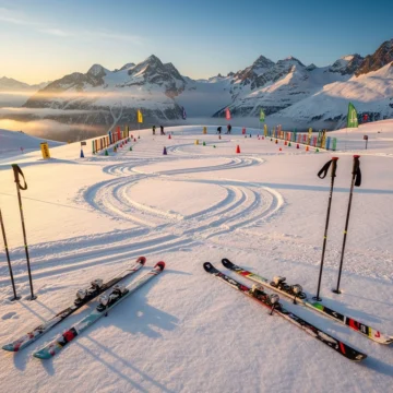 Fresh powder snow on Alpine ski slope in Belle Plagne with ski tracks, colorful flags, and mountain peaks under golden sunlight.