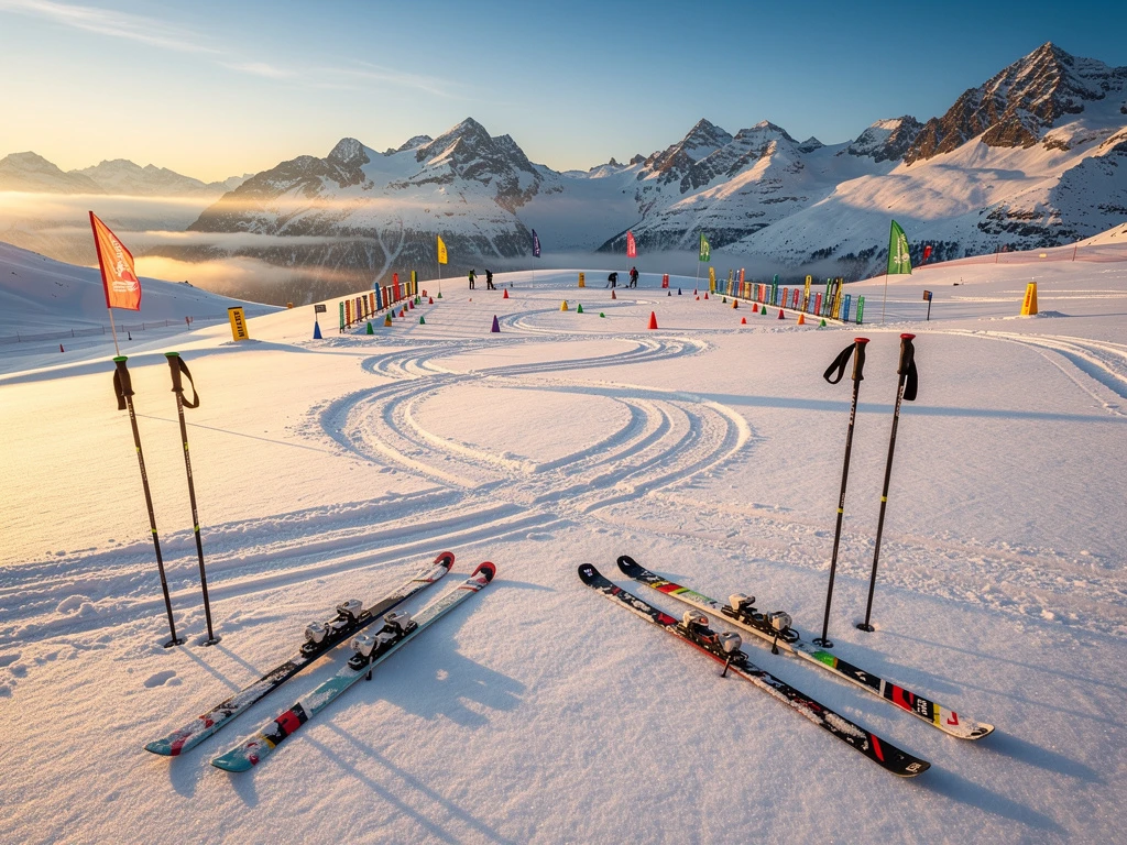 Fresh powder snow on Alpine ski slope in Belle Plagne with ski tracks, colorful flags, and mountain peaks under golden sunlight.