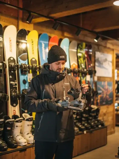 Freundlicher Mitarbeiter prüft Snowboard-Bindung in professionellem Ski-Shop mit organisierten Snowboards und Helmen