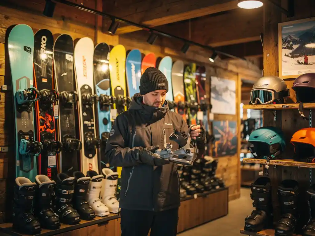 Freundlicher Mitarbeiter prüft Snowboard-Bindung in professionellem Ski-Shop mit organisierten Snowboards und Helmen
