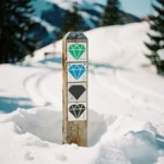 Wooden ski trail marker post with colored diamond difficulty symbols surrounded by fresh powder snow and pine trees