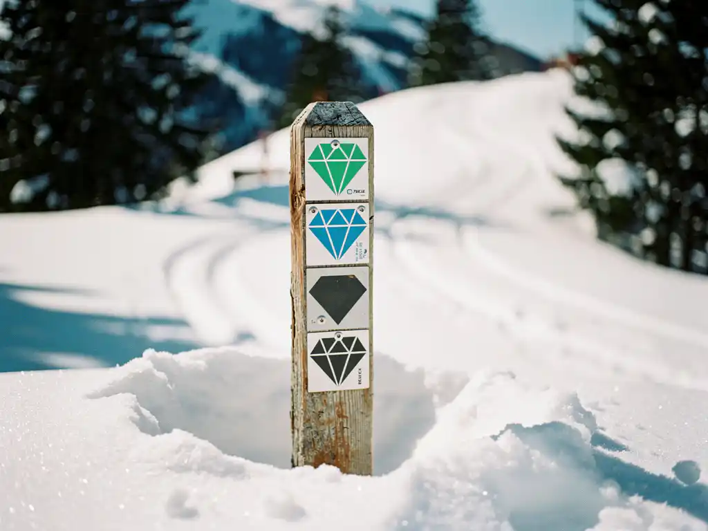 Wooden ski trail marker post with colored diamond difficulty symbols surrounded by fresh powder snow and pine trees