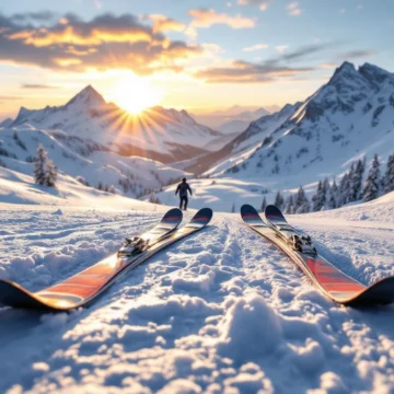 Twee paar ski's in verse sneeuw bij zonsopgang in de Alpen - links een nieuw persoonlijk paar, rechts een gebruikt huurstel, met prijskaartje ertussen.