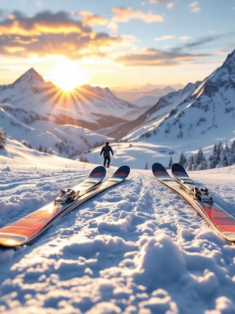 Twee paar ski's in verse sneeuw bij zonsopgang in de Alpen - links een nieuw persoonlijk paar, rechts een gebruikt huurstel, met prijskaartje ertussen.