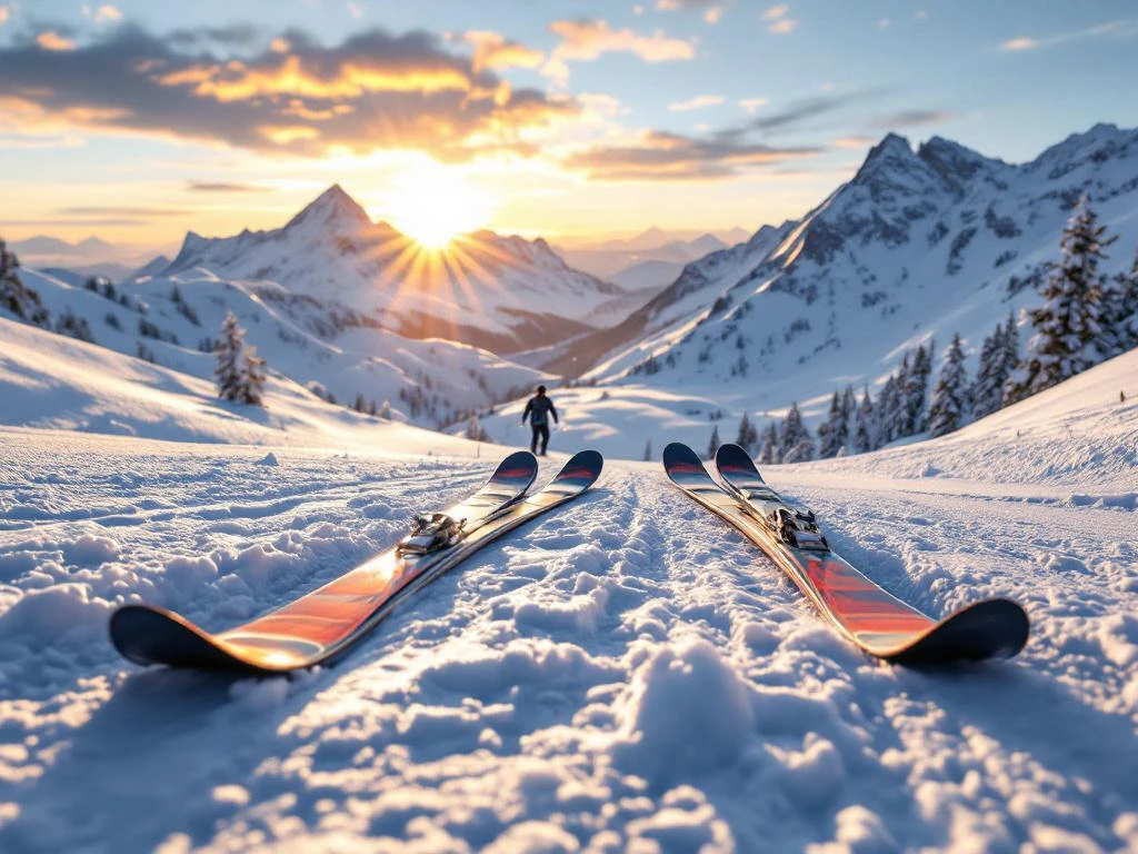 Twee paar ski's in verse sneeuw bij zonsopgang in de Alpen - links een nieuw persoonlijk paar, rechts een gebruikt huurstel, met prijskaartje ertussen.